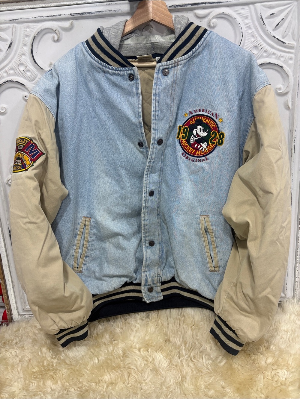 Disney Light Blue Denim and Beige Mickey Varsity Bomber Jacket